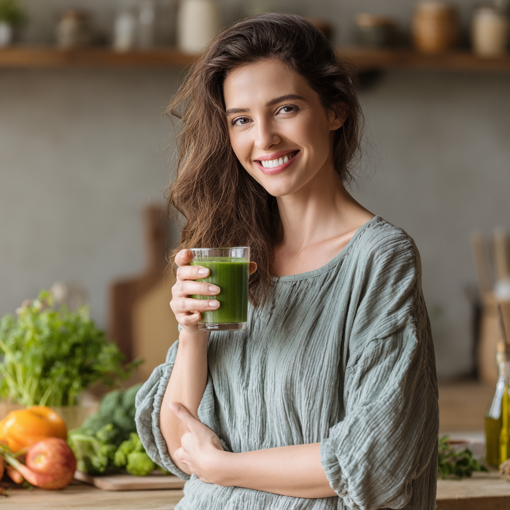 Молода усміхнена європейська жінка віком 30-35 років п'є воду з прозорої скляної пляшки в світлому приміщенні, реалістичний стиль